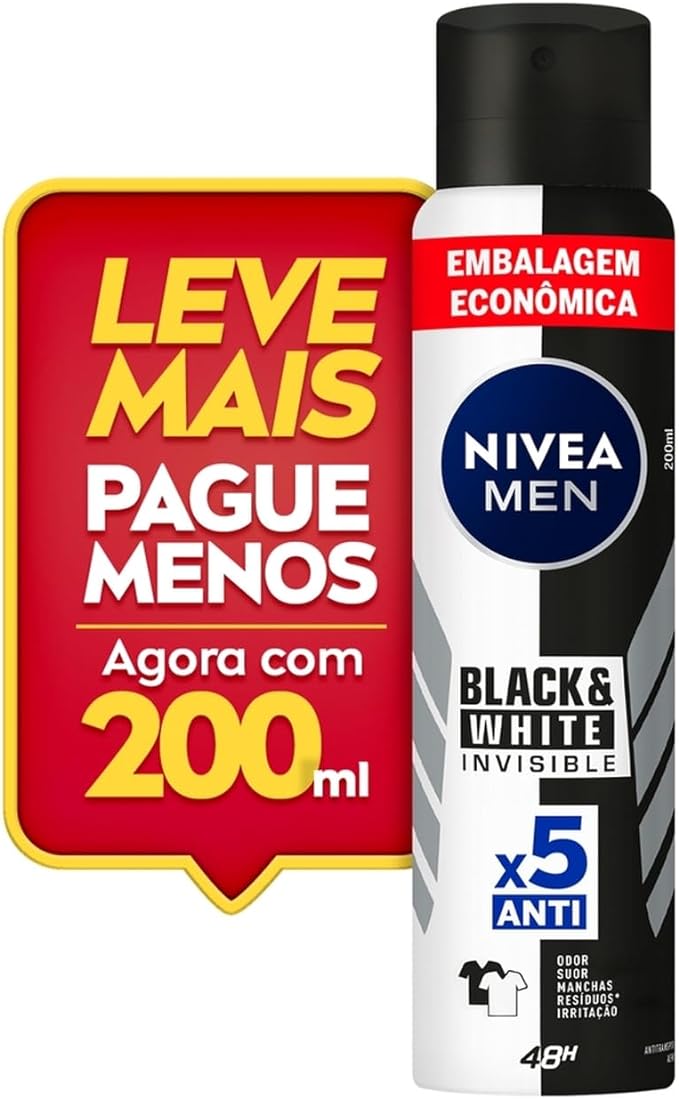 NIVEA MEN Desodorante Antitranspirante Aerossol Invisible Black & White 200ml - Proteção eficaz de 48 horas contra suor e mau odor, elimina 99,9% das bactérias e evita manchas em roupas