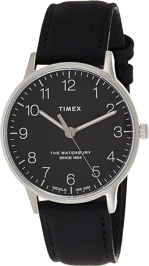 Timex Relógio clássico Waterbury com pulseira de couro de 40 mm, Preto/Prateado/Preto, One Size, Relógio clássico Waterbury com pulseira de couro de 40 mm