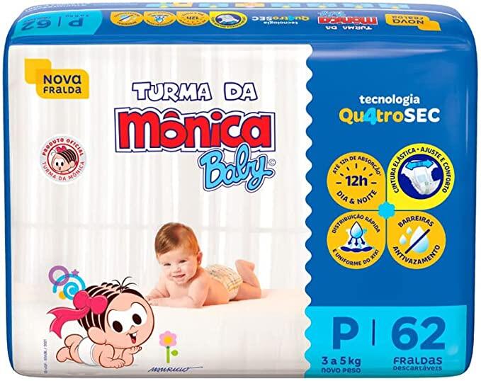 Turma da Monica Baby - Fralda, Azul, Tamanho P, 62 Unidades