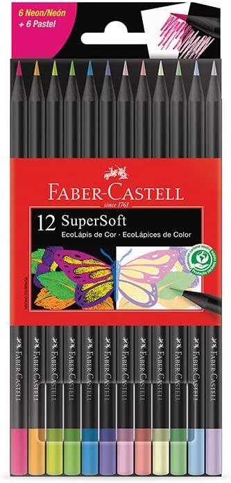 EcoLápis de Cor Supersoft 6 Neon + 6 Pastel, Faber-Castell, 120712SOFTNP, Supersoft, Multicolorido, 12 Contagem (Pacote de 1)