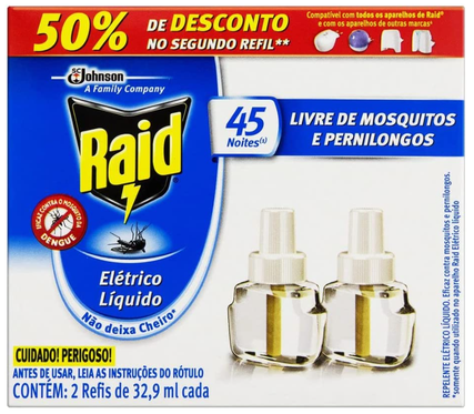 Inseticida Elétrico Líquido Refil Regular 2 Unidades, 32.9 ml Cada, Raid, 2 unidades, pacote de 2