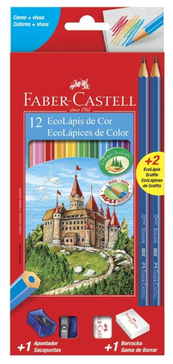 Kit Escolar Lápis de Cor Sextavado + 2 Lápis Max + Apontador + Borracha, Faber-Castell, 12 Cores