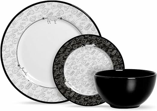 Aparelho de Jantar Barbecue Cerâmica e Bowl, Branco/Preto, 12 Peças, Alleanza