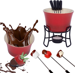 Conjunto Fondue Em Cerâmica Redondo 9 Peças 300ml Chocolate Queijo - 3 Velas (Vermelho)