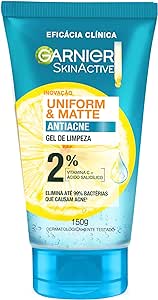 Gel de Limpeza GARNIER Uniform & Matte Antiacne, 150g - Elimina bactérias, Reduz Acne e Controla a Oleosidade