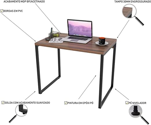 Mesa para Escritório Office Estilo Industrial 0,90m Kuadra Nogal/Est.Preta