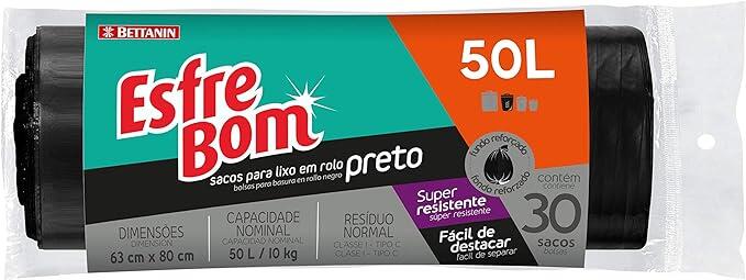 Saco para Lixo Preto, Rolo com 30 sacos de 50 Litros, Linha Esfrebom, Bettanin