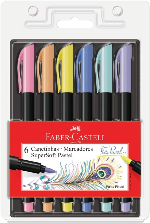 Caneta Ponta Pincel, Faber-Castell, Supersoft Brush, 6 Cores Pastel