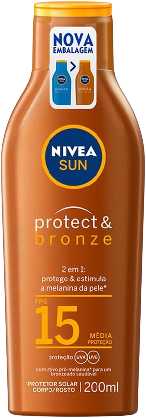 NIVEA SUN Protetor Solar Protect & Bronze FPS15 200ml - Com ativo de pró melanina, resistente à água, protege dos raios UVA/UVB, ajuda a manter a cor bonita e uniforme por mais tempo, para um bronzeado saudável