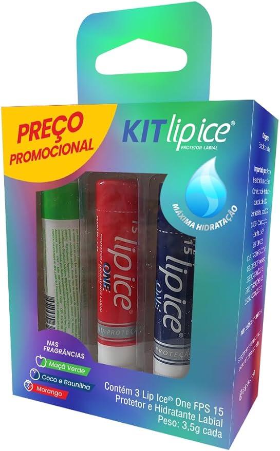 Kit Lip Ice® One - Protetor Hidratante Labial Refrescante com FPS15 - Leve 3 pague 2 nas fragrâncias Morango, Coco Baunilha e Maçã Verde