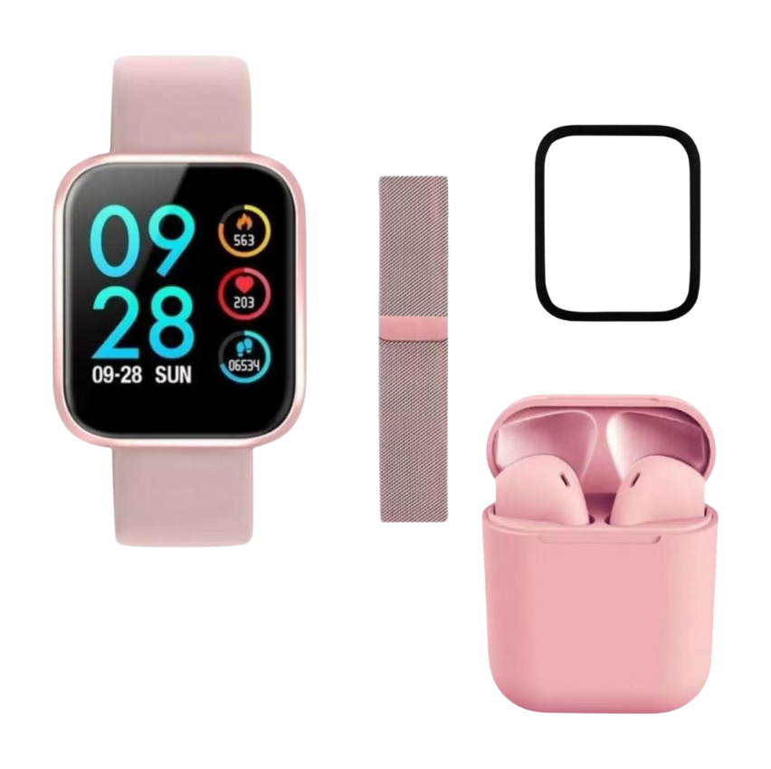 Relógio Smartwatch P70 2 Pulseiras + Pelicula + Fone Sem Fio Pink