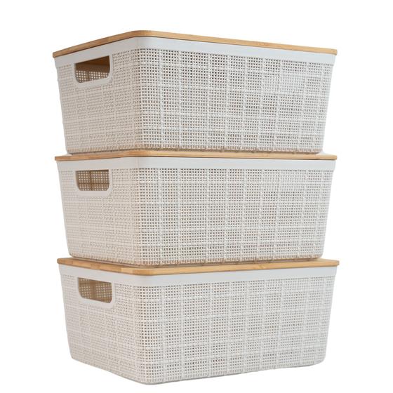 Kit 3 caixas organizadoras 4 litros brancas c/ tampa bambu - OIKOS