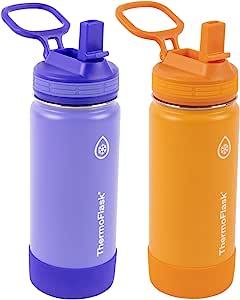 ThermoFlask Pacote com 2 garrafas de água de aço inoxidável isoladas a vácuo de parede dupla, 473 ml, roxo/laranja