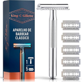 KING C. GILLETTE, Aparelho de Barbear Clássico + 5 Lâminas de barbear com Duplo Fio, aço inoxidável, Barbeador para homens, Cuidado para Barba